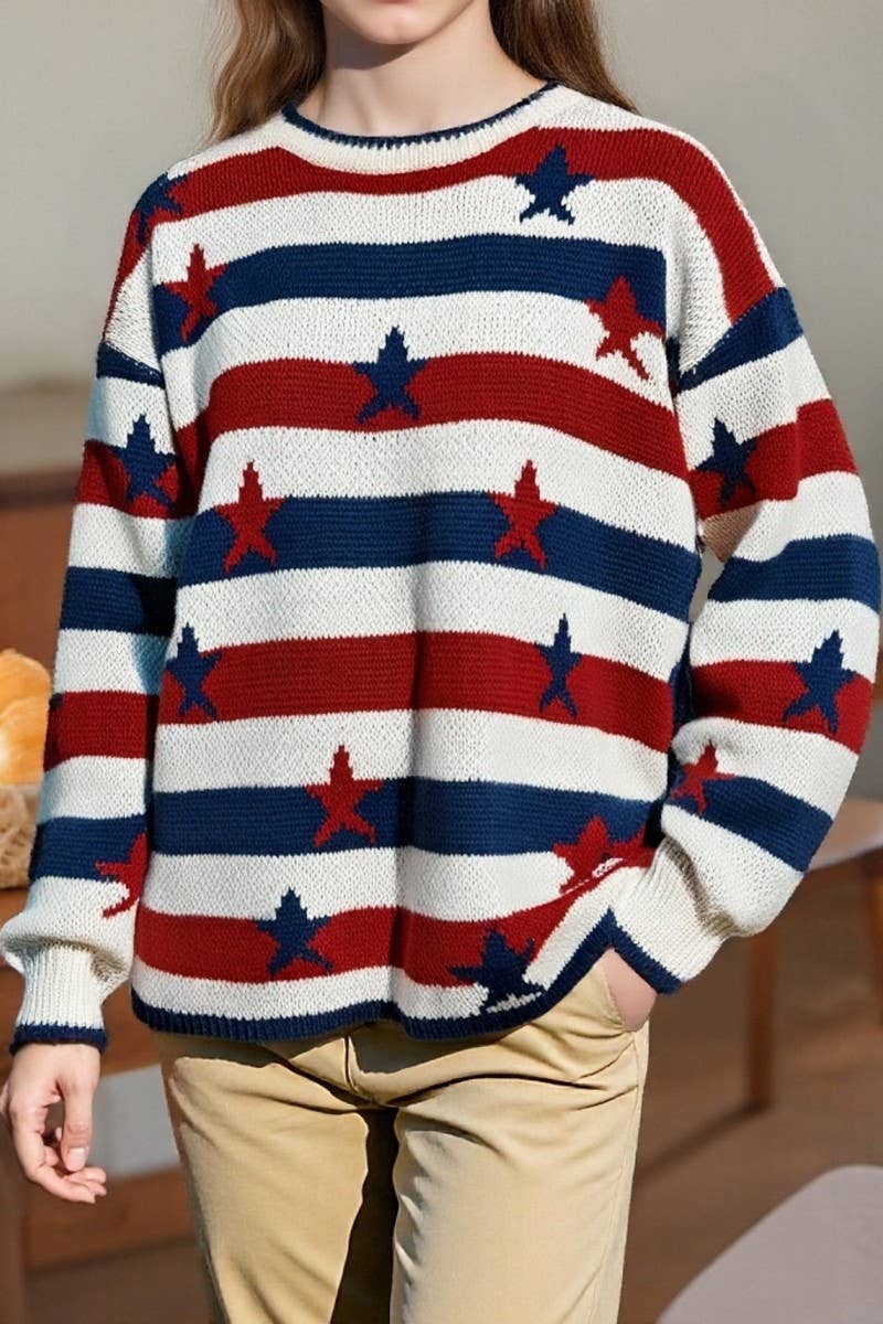 CWOSWL6951_PRINTED FLAG STRIPE OVERSIZED LONG SLEEVE SWEATER