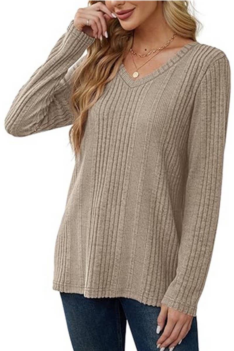 CWOSWL6559_V-NECK SOLID COLOR LONG-SLEEVED KNITTED SWEATER