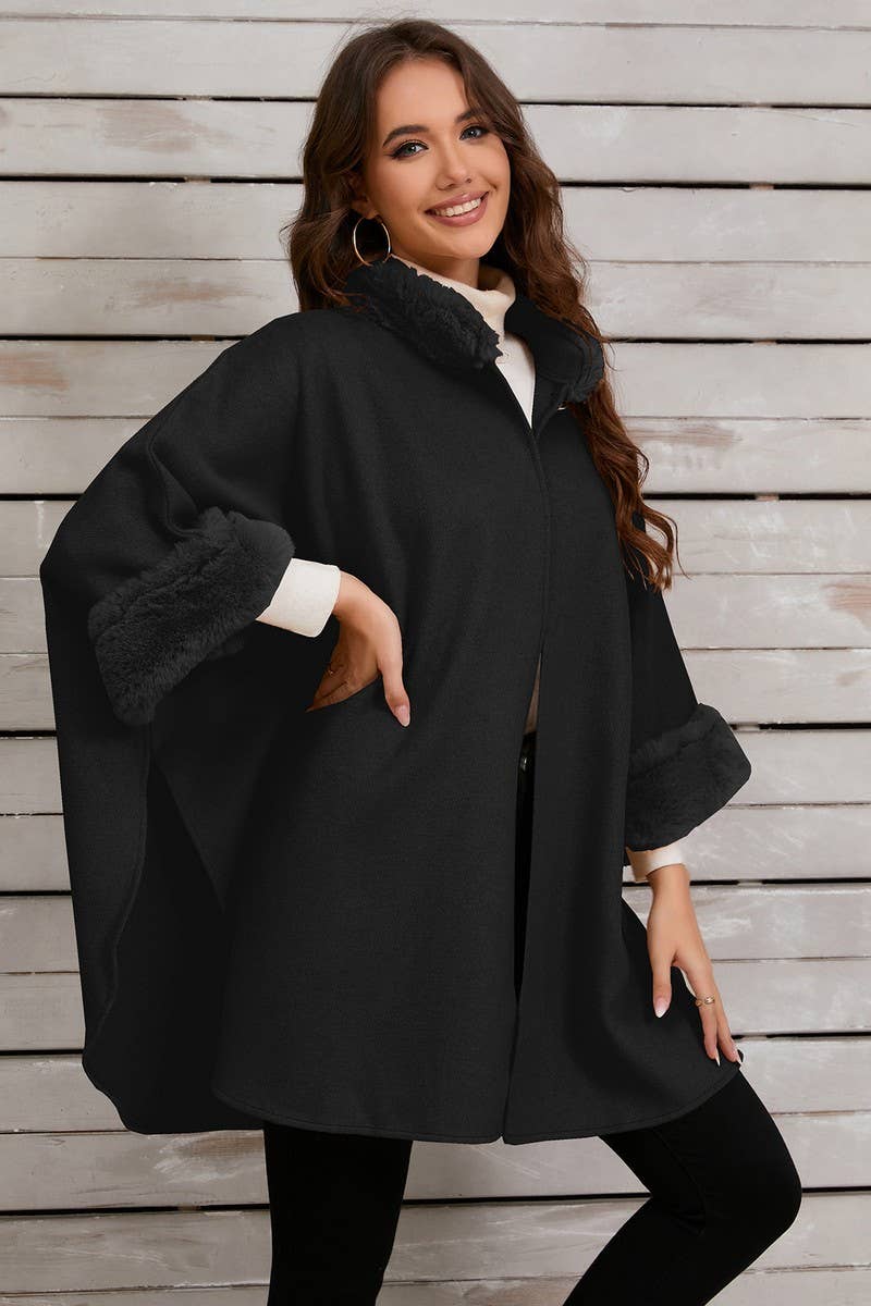 CWOCO0950_SOLID COLOR FUR COLLAR CAPE COAT