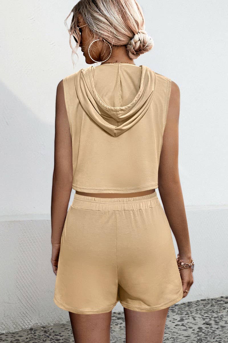 CWSS1072_HOODED PATCHWORK CASUAL VEST SHORTS TWO-PIECE SET