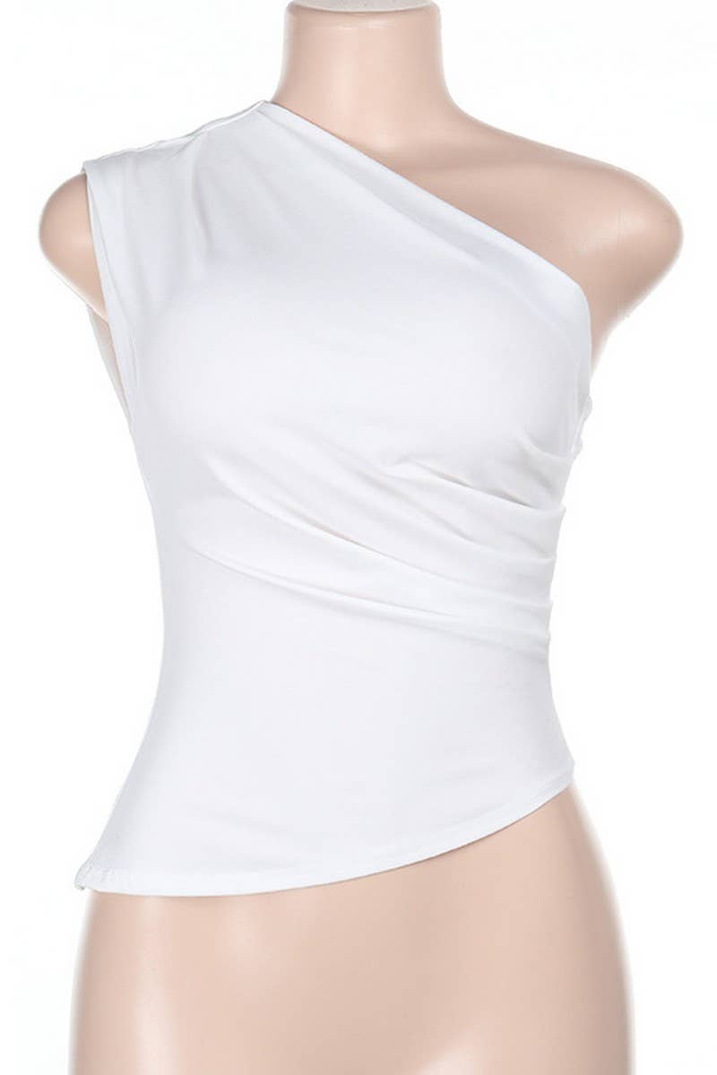 CWTBLSL0747_ASYMMETRICAL SHOULDER SLIM FIT CROP TANK