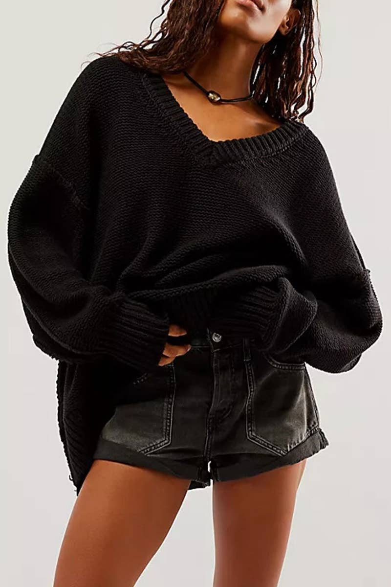 CWOSWL5839_STYLISH V-NECK LONG-SLEEVED PULLOVER SWEATER