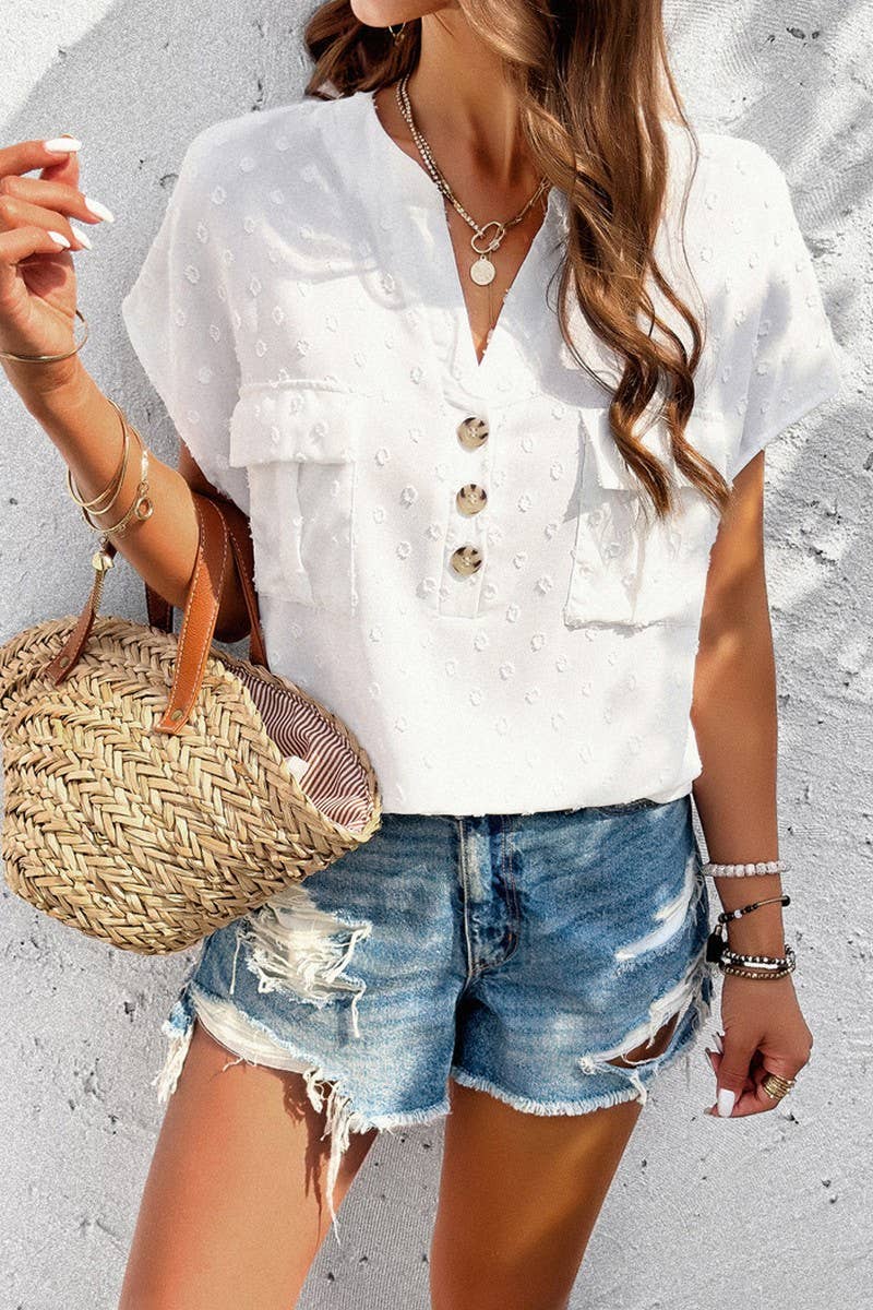 CWTBLS0387_V-Neck Button Detailed Short Sleeve Top