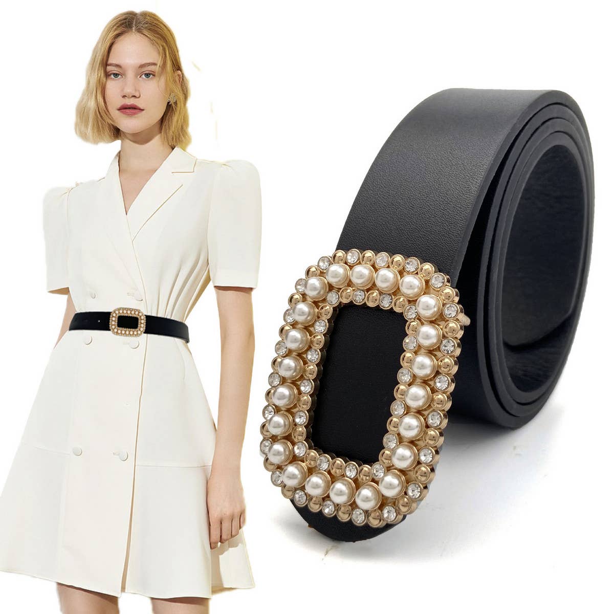 WOMEN ROUND DIAMOND PEARL BUCKLE BELT FOR JEANS_CWABE0130