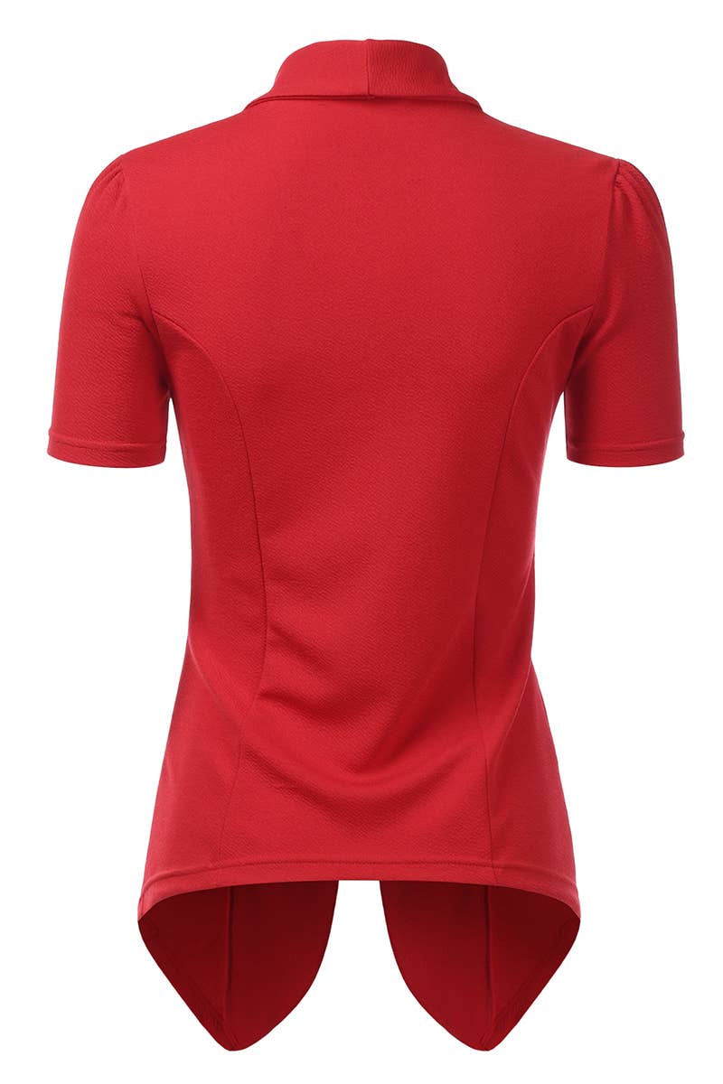 CWOBL095-P_Short Sleeve Open Front Draped Ruffles Blouses