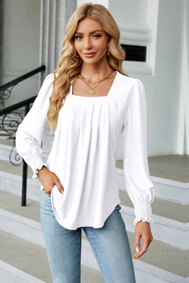 CWTBLL2936_SQUARE NECK JACQUARD PLEATED LONG-SLEEVED TOP