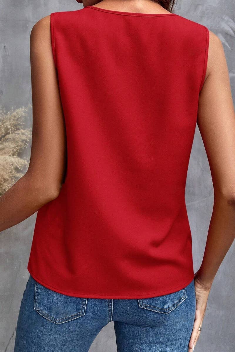 CWTBLSL0238_V-NECK RUFFLED SOLID COLOR SLEEVELESS TOP