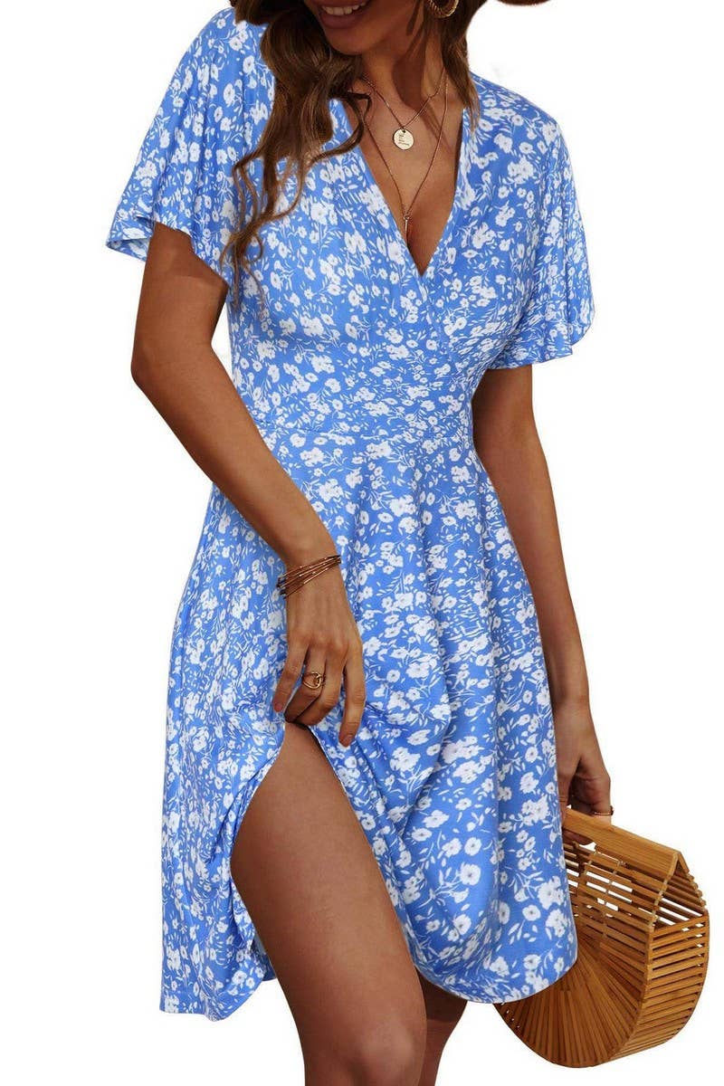 CWDSD10623_SUMMER FLORAL SHORT SLEEVE V-NECK A-LINE DRESS
