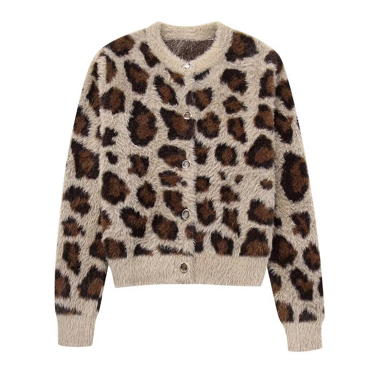 CREW-NECK LEOPARD PRINT SINGLE-BREASTED CARDIGAN