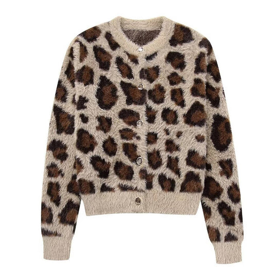 CREW-NECK LEOPARD PRINT SINGLE-BREASTED CARDIGAN