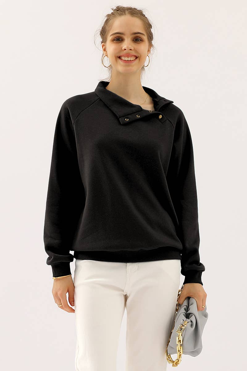 CWTTL1427_Snap Button Neck Casual Long Sleeve Top