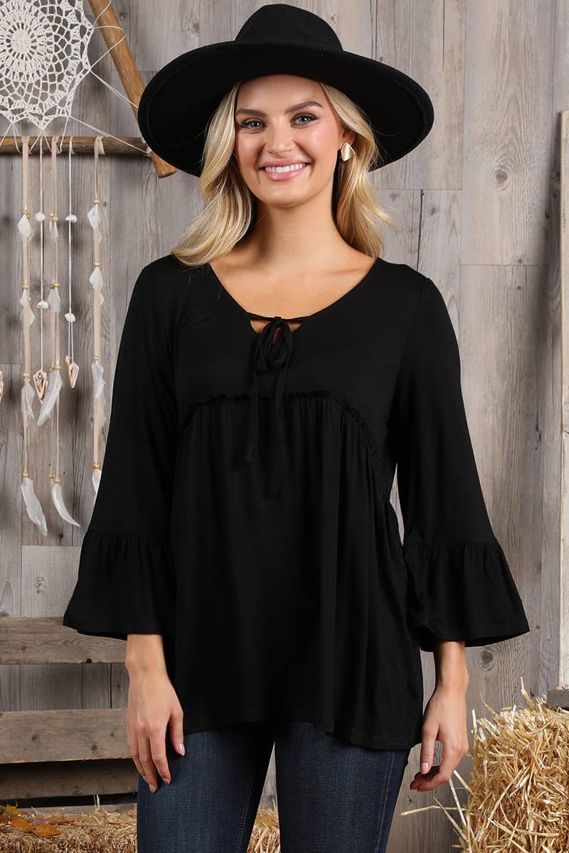CWTTL1401_3/4 SLEEVE WITH NECK STRING DETAILED TOP