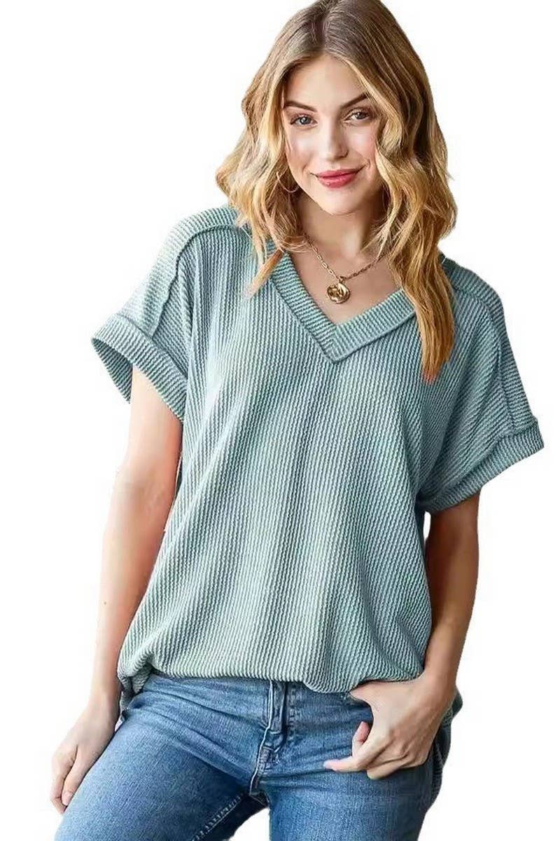 CWTBLS1500_V-NECK RIBBED JACQUARD KNIT SHORT-SLEEVED T-SHIRT