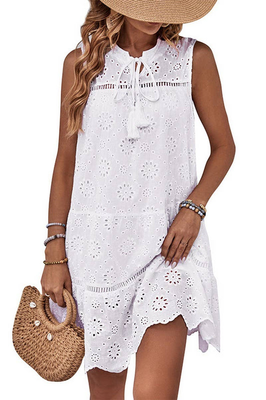 CWDSD3520_HOLLOW EMBOSSED SLEEVELESS SHORT DRESS