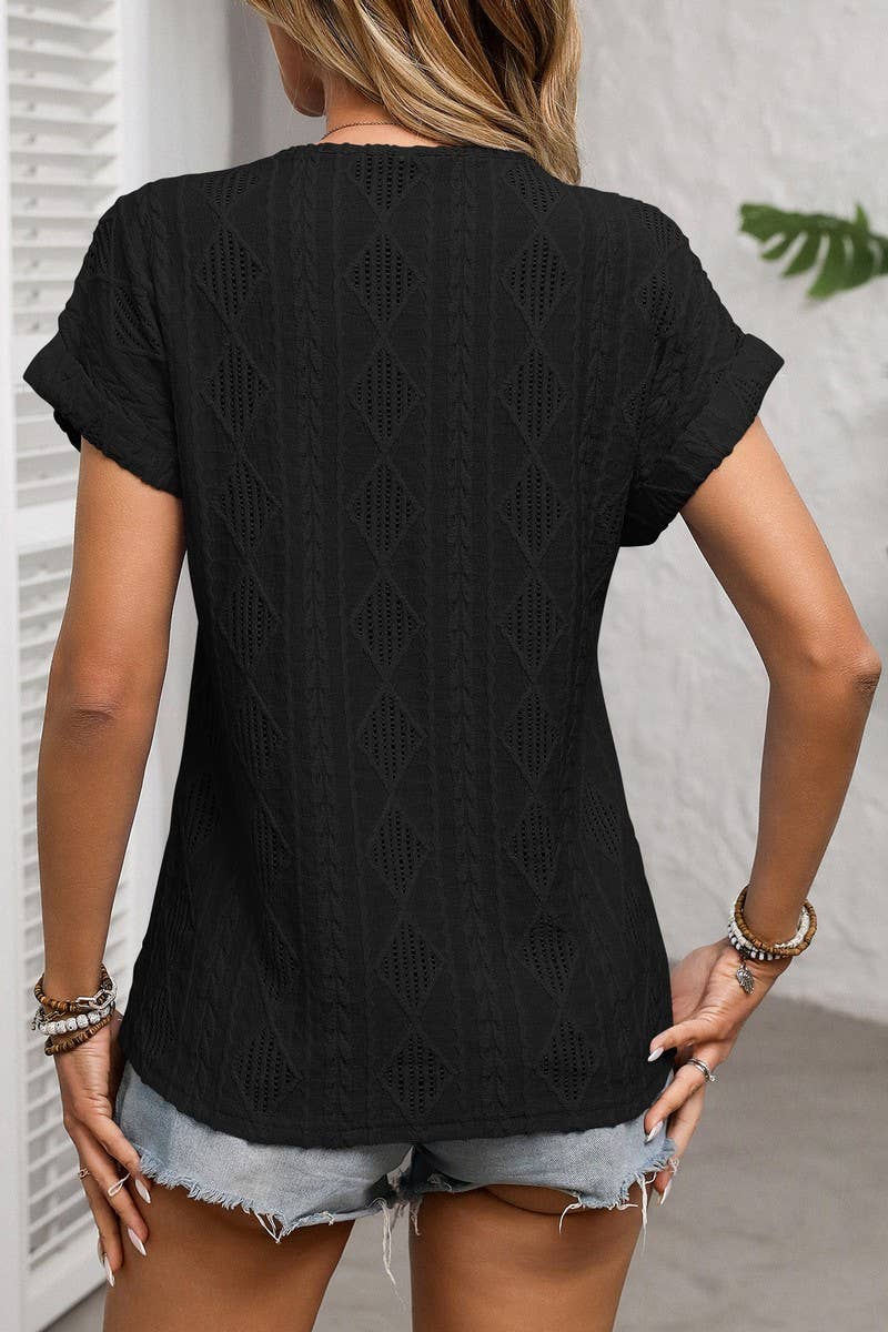 CWTBLS1618_SOLID COLOR V-NECK SHORT SLEEVE BUTTON TOP