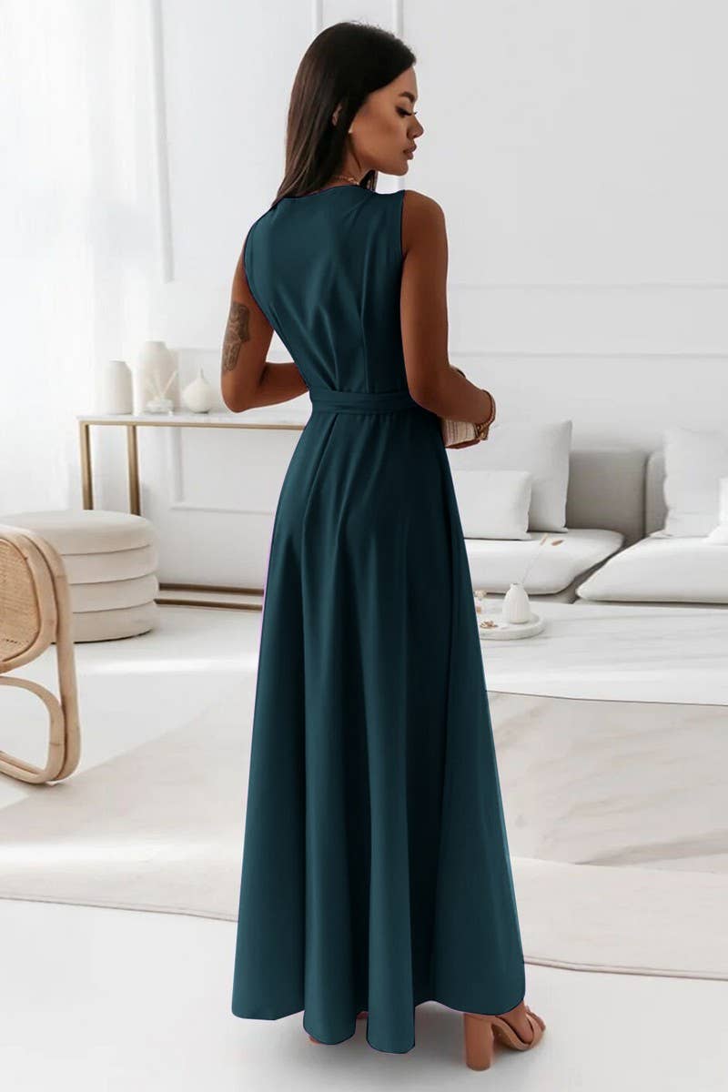 CWDMD6334_TIE WAIST V-NECK EVENING LONG GOWN DRESS