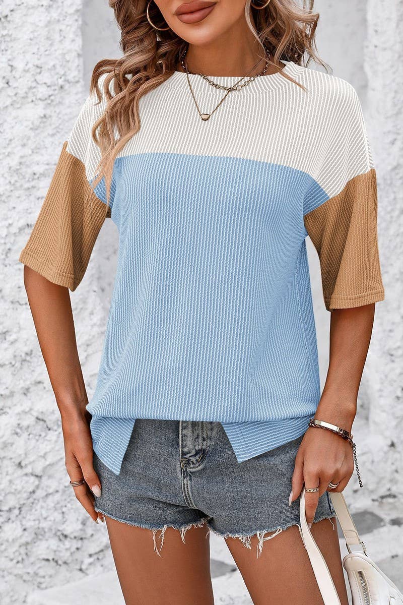 CWTTS1317_SUMMER ROUND NECK COLOR BLOCK LOOSE T-SHIRT