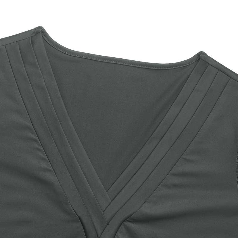 DEEP V-NECK PLEATED SOLID COLOR SIMPLE TOP