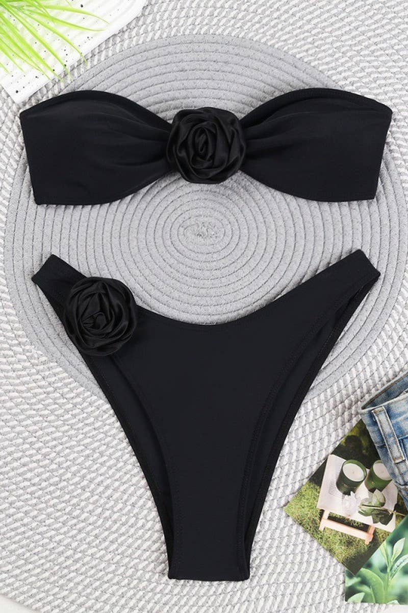 CWMW0874_SOLID COLOR 3D FLOWER BIKINI TWO-PIECE SWIMSUIT