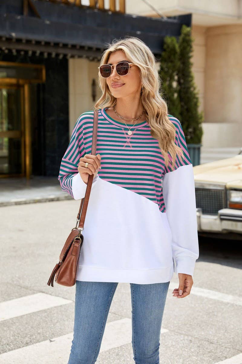 CWTBLL2368_ROUND NECK SLIT CONTRAST STRIPE SWEATSHIRT