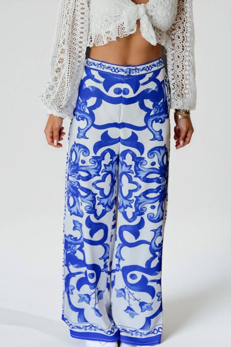 CWBLP887_BLUE AND WHITE PORCELAIN PRINT WIDE-LEG PANTS