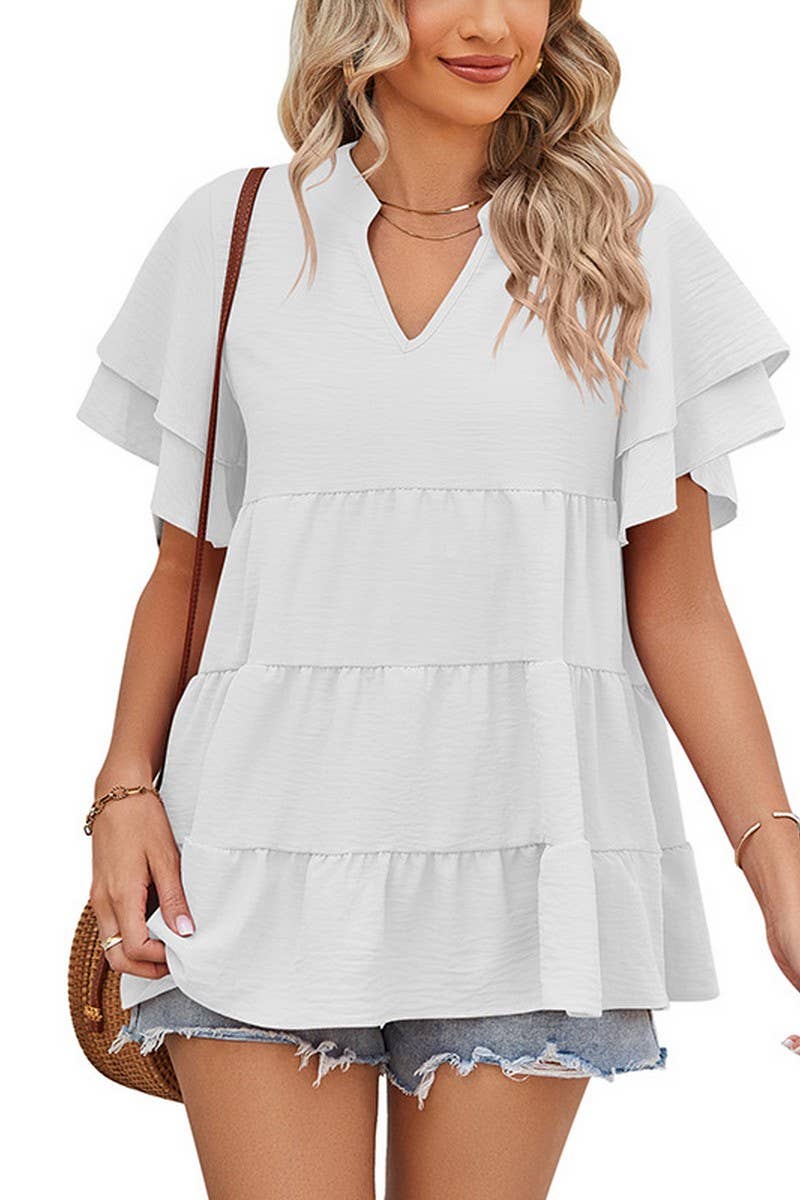 CWTBLS1602_V-NECK DOUBLE-SLEEVE SWEET BABYDOLL SHIRT TOP