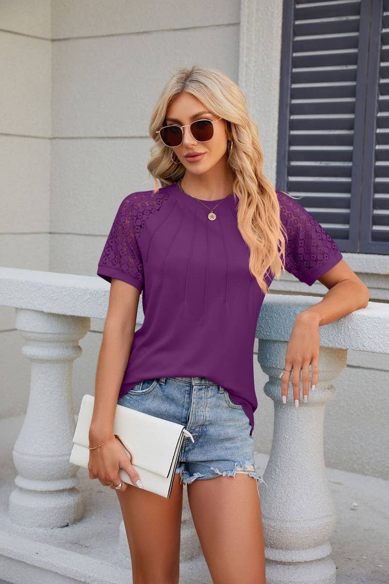 CWTTS0812_Round Neck Contrast Lace Short  Sleeve Blouse