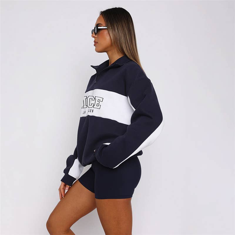 COLOR CONTRAST LETTER PRINT LOOSE CASUAL HOODIE
