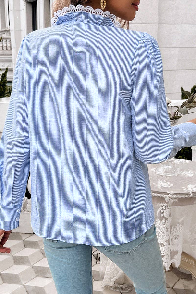 CWTSTL1211_TEMPERAMENT STRIPED LACE LONG-SLEEVED SHIRT