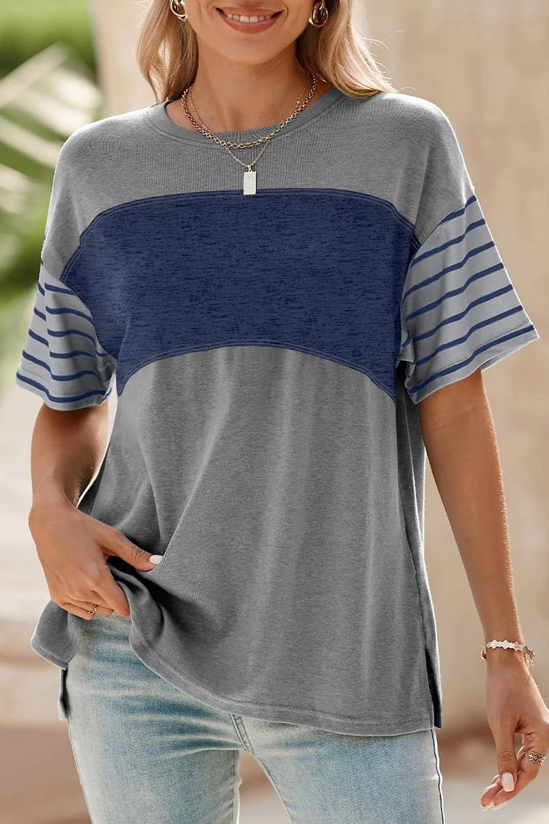 CWTTS1392_ROUND NECK CASUAL STRIPED CONTRAST COLOR T-SHIRT