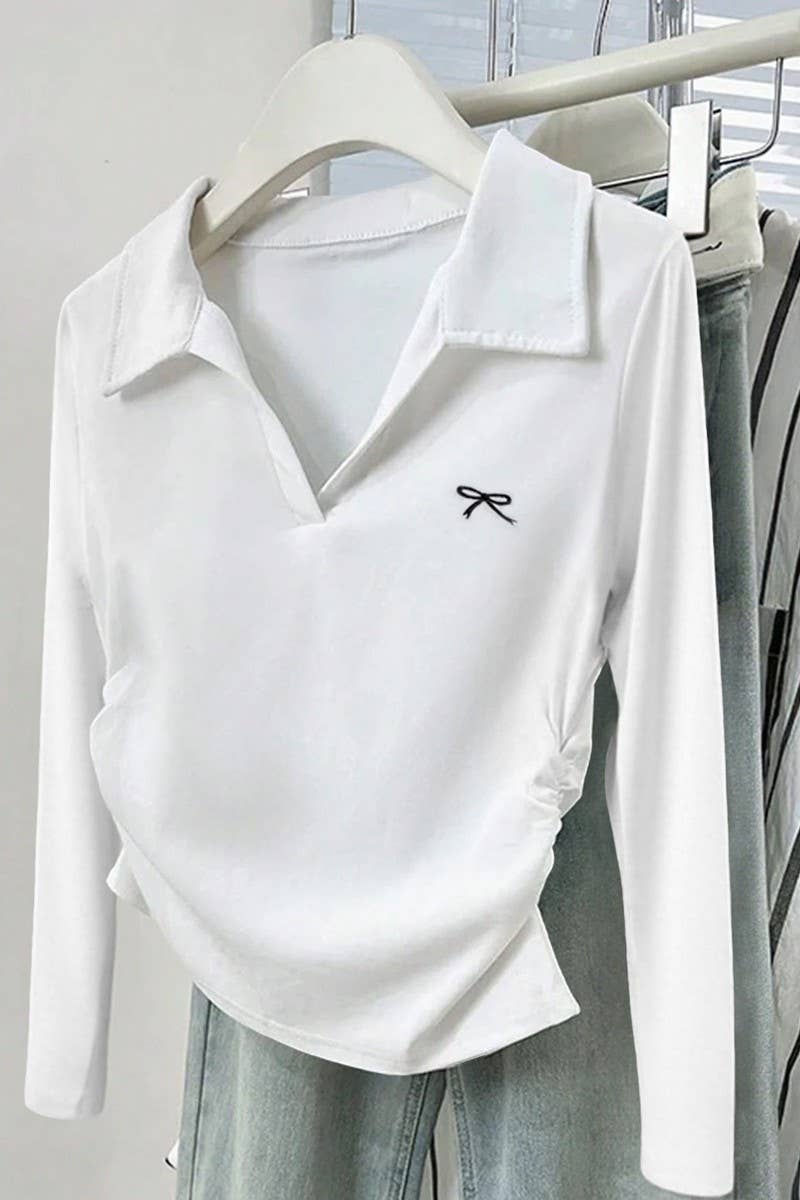 CWTBLL01033_CASUAL SIMPLE COLLARED SOLID LONG SLEEVE TEE