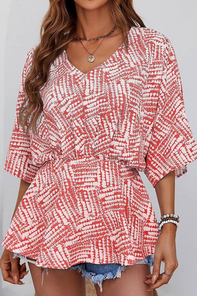 CWTBLS1802_V-NECK BAT SLEEVE LOOSE SHORT-SLEEVED PRINTED TOP