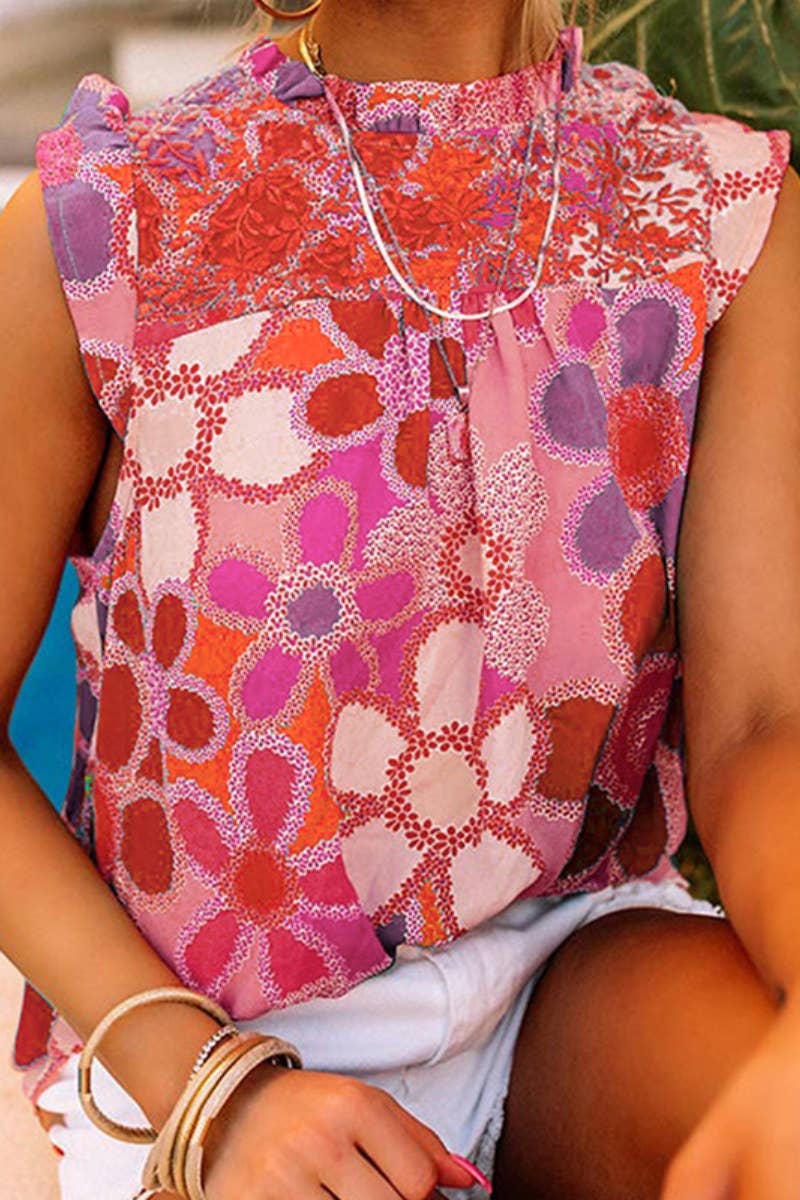 CWTBLSL0525_CREW-NECK RUFFLED SLEEVELESS PRINTED TANK TOP