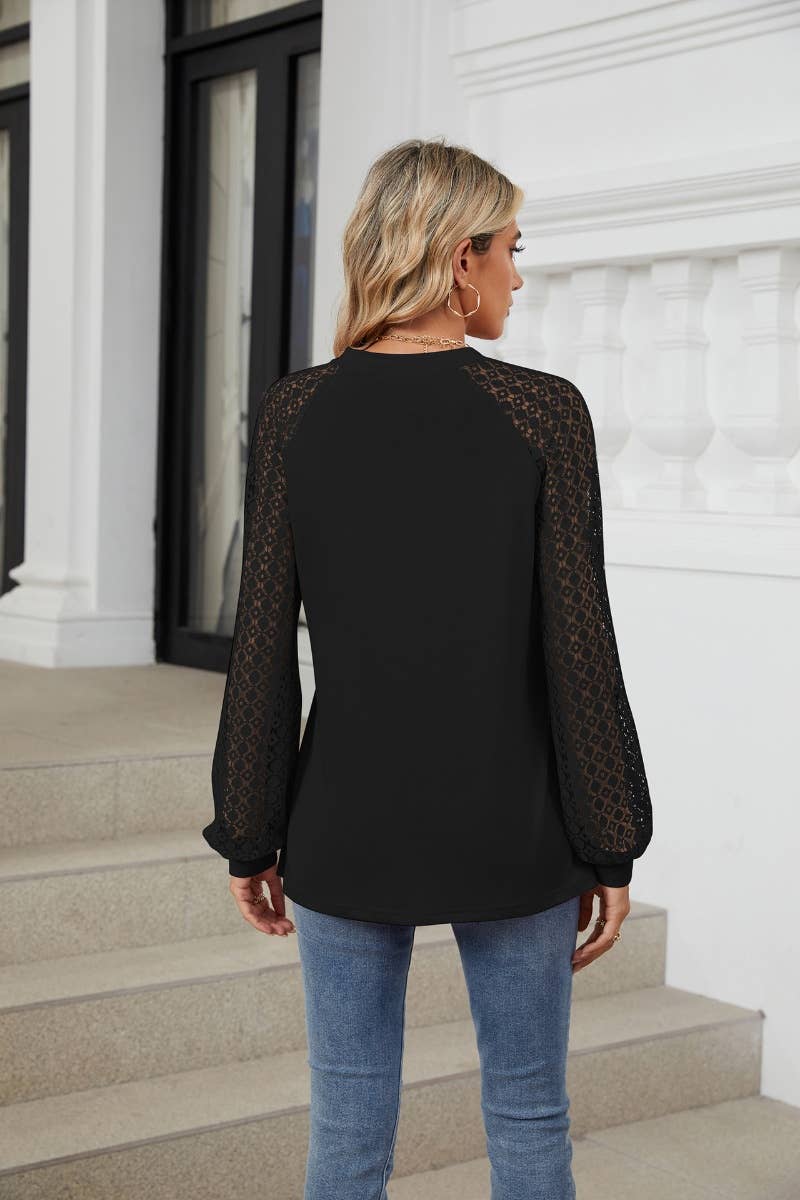 CWTBLL2860_CREW-NECK LACE PATCHWORK LONG-SLEEVED TOP
