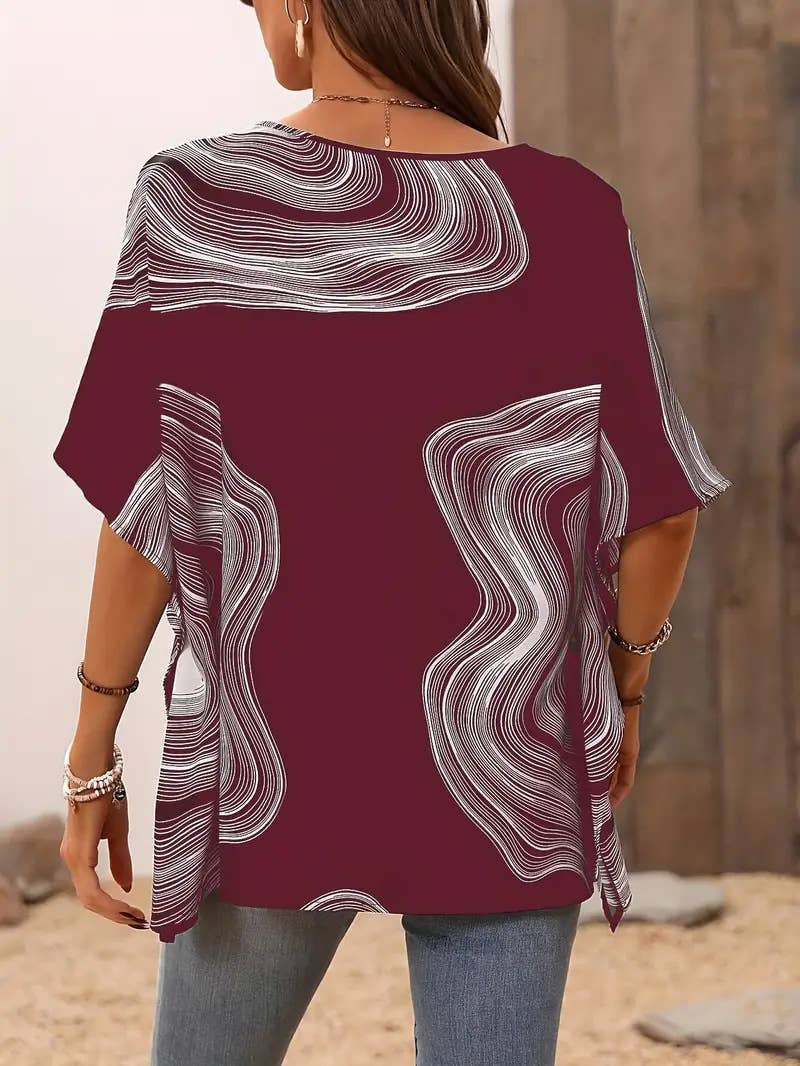 Casual printed V-neck loose batsleeve top