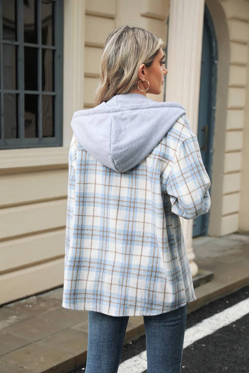 CWOCO0491_HOODED BUTTON-DOWN PLAID LONG-SLEEVED COAT