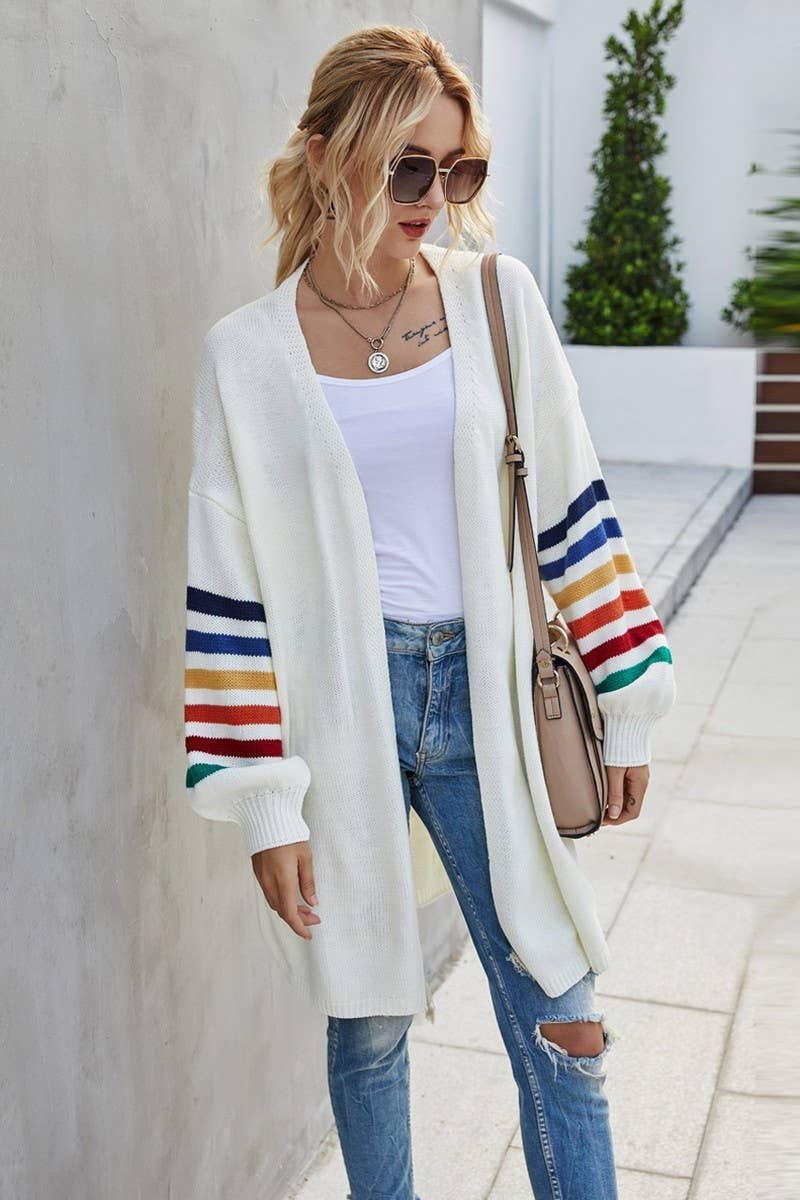CWOCAL0924_STRIPED MID-LENGTH KNITTED CARDIGAN SWEATER