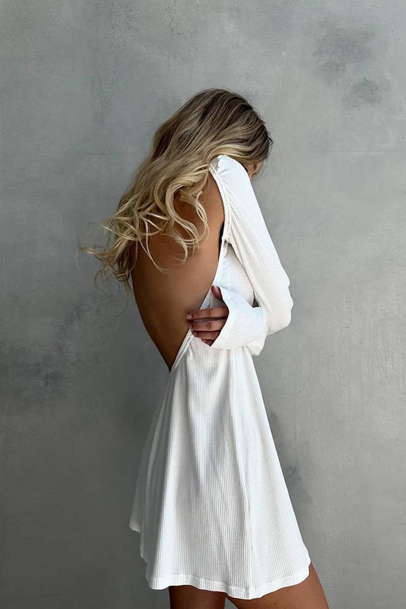 CWSPJ0272_WHITE KNITTED STRIPED BACKLESS NIGHTDRESS