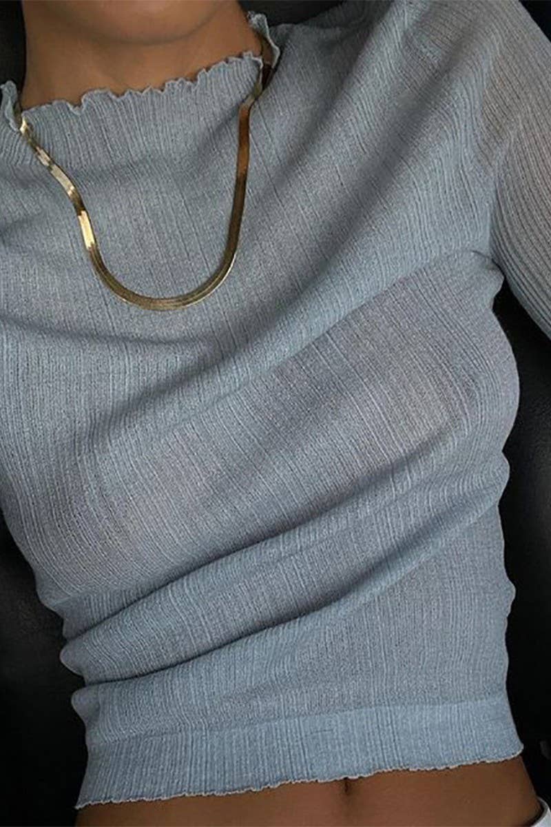 CWTBLL3435_SOLID COLOR LONG SLEEVE MESH SEE-THROUGH TOP