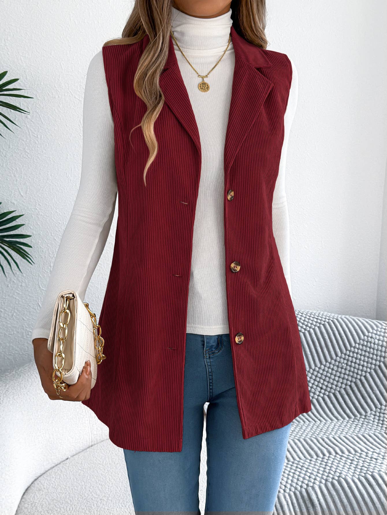 Casual single-breasted suit collar corduroy vest