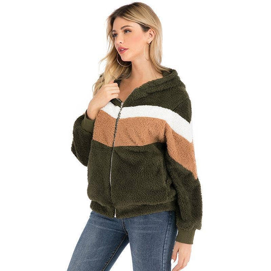 FLEECE ZIP-UP CARDIGAN WITH STRIPED POCKET COAT