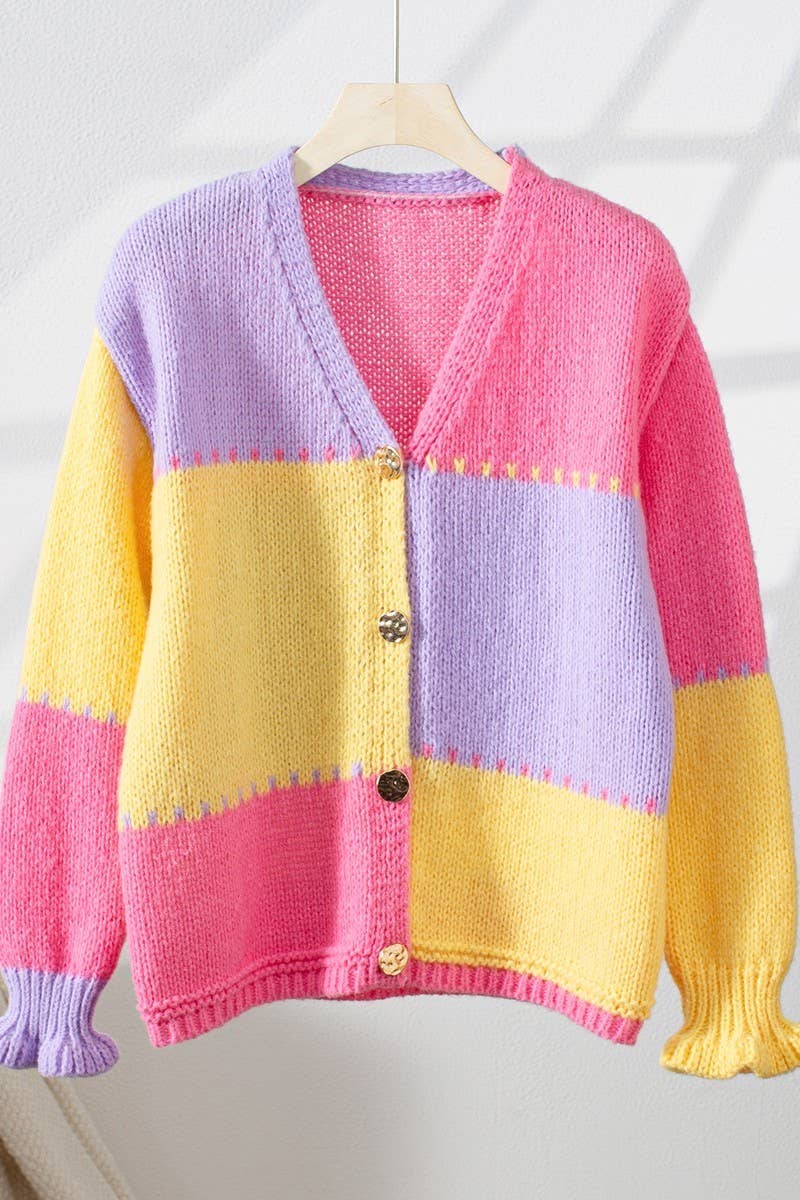 CWOCAL2362_COLORBLOCK RUFFLE EDGE LOOSE KNIT CARDIGAN