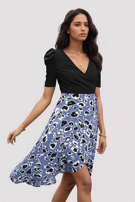 CWDSD7050_SUMMER TEMPERAMENT V-NECK SPLICING WRAP DRESS