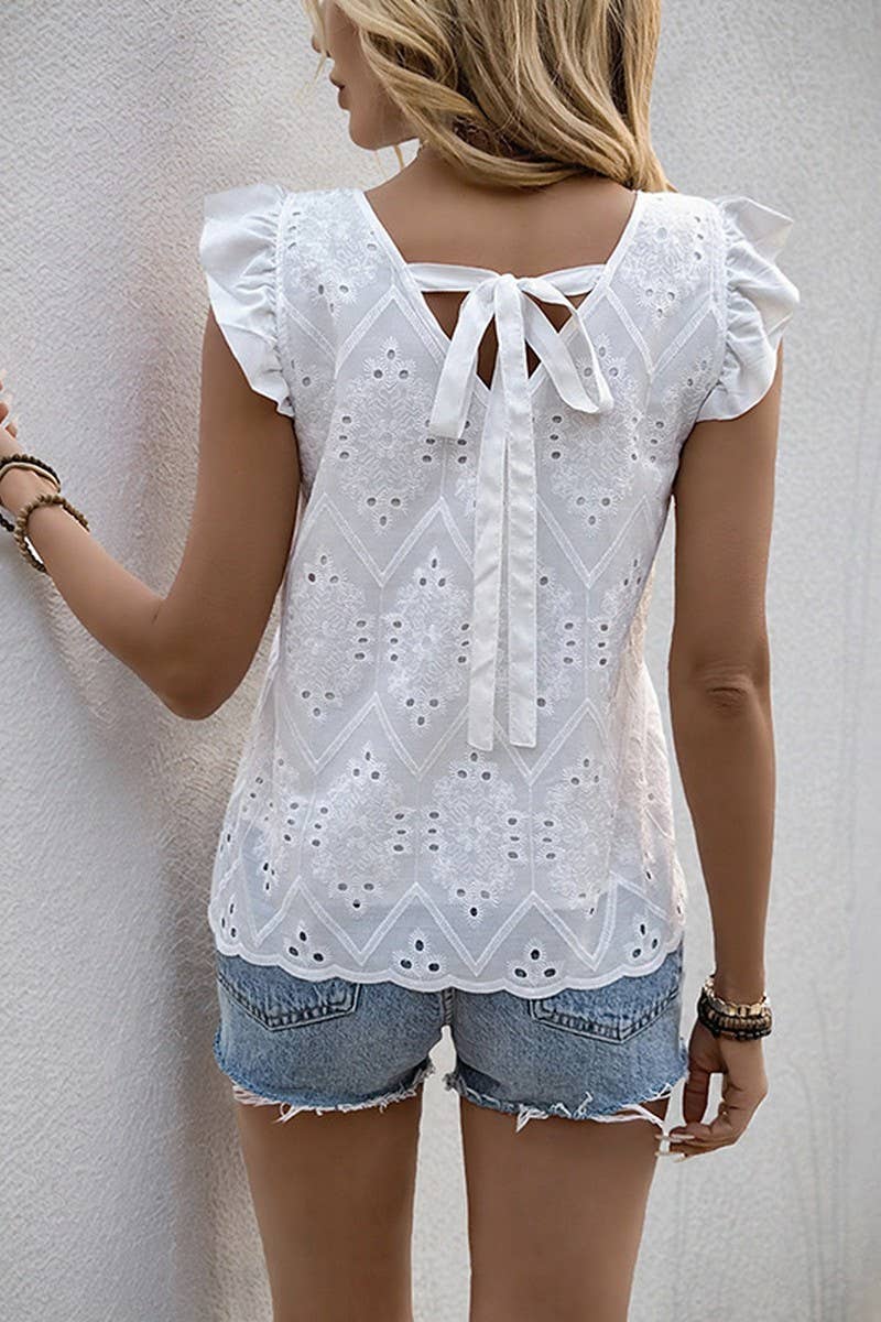 CWTBLS1560_V-NECK LOTUS LEAF FLYING SLEEVE TIE HOLLOW SHIRT