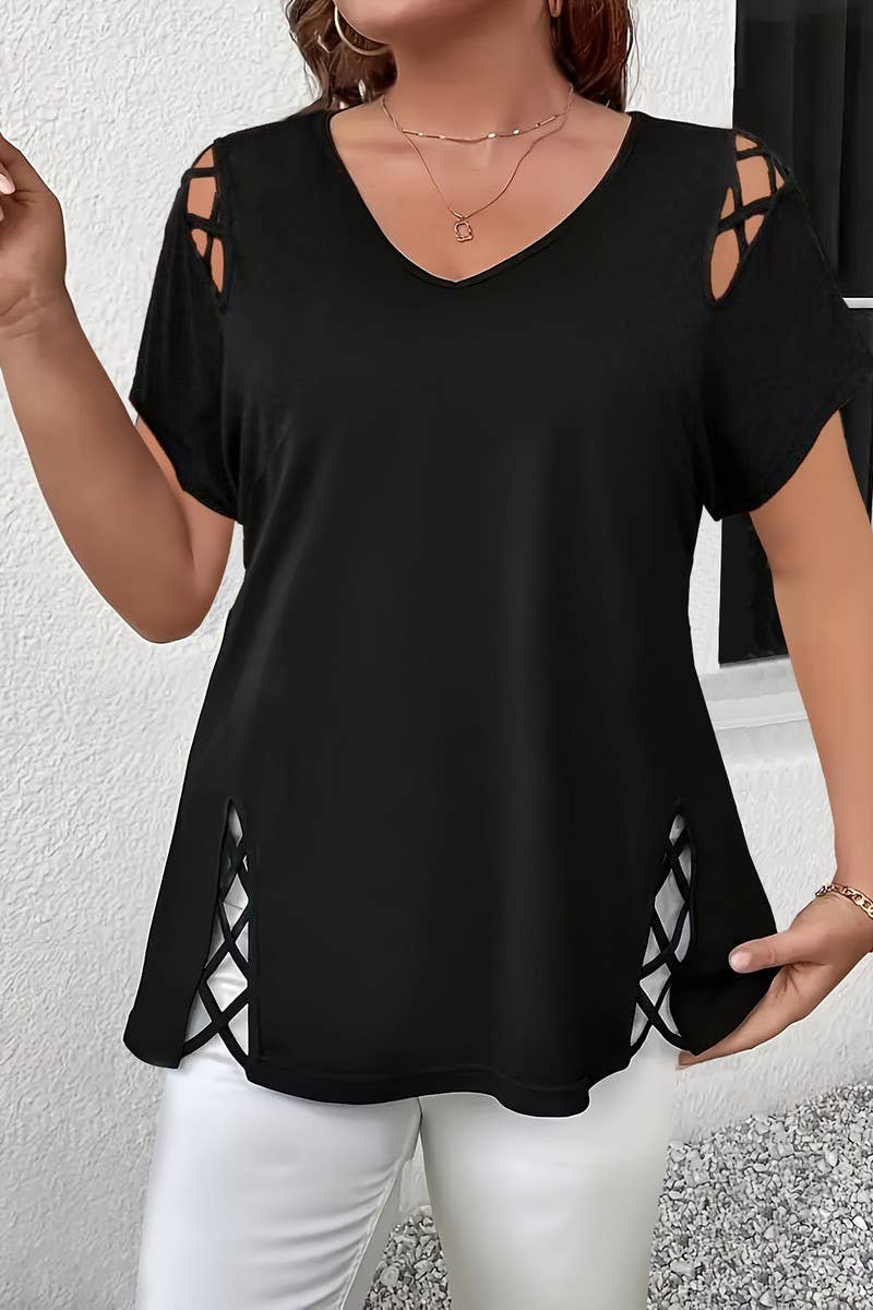 CWTBLS2188_SOLID V-NECK CRISSCROSS SHORT SLEEVE T-SHIRT