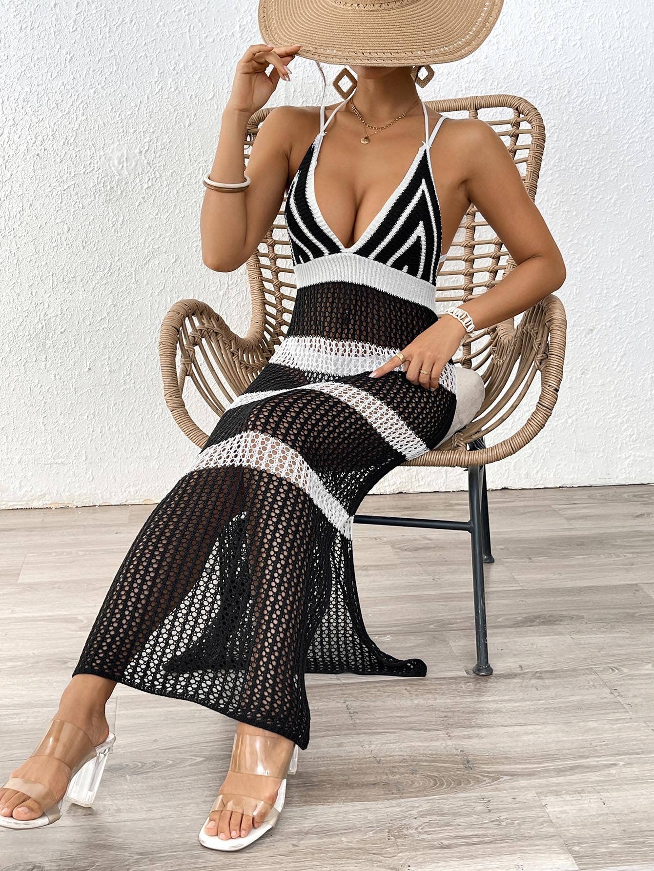 Deep V patchwork strap slim-fit blouse dress