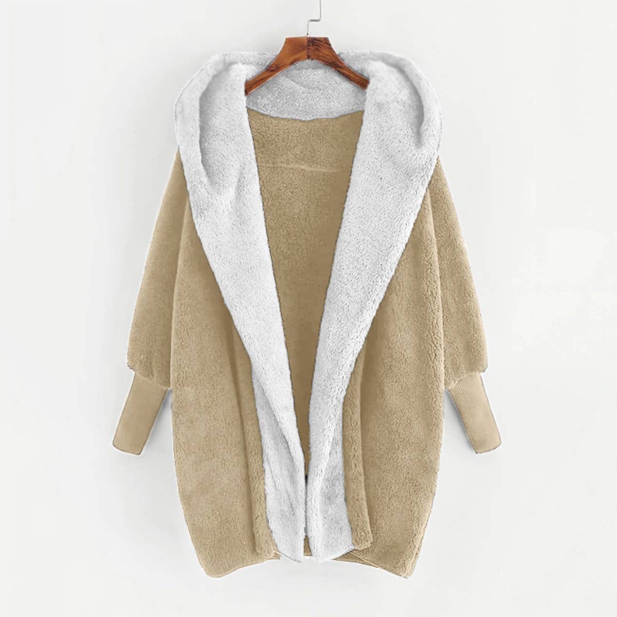 Color matching fleece hooded loose cardigan coat