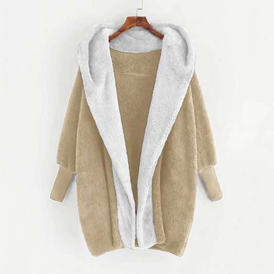 Color matching fleece hooded loose cardigan coat
