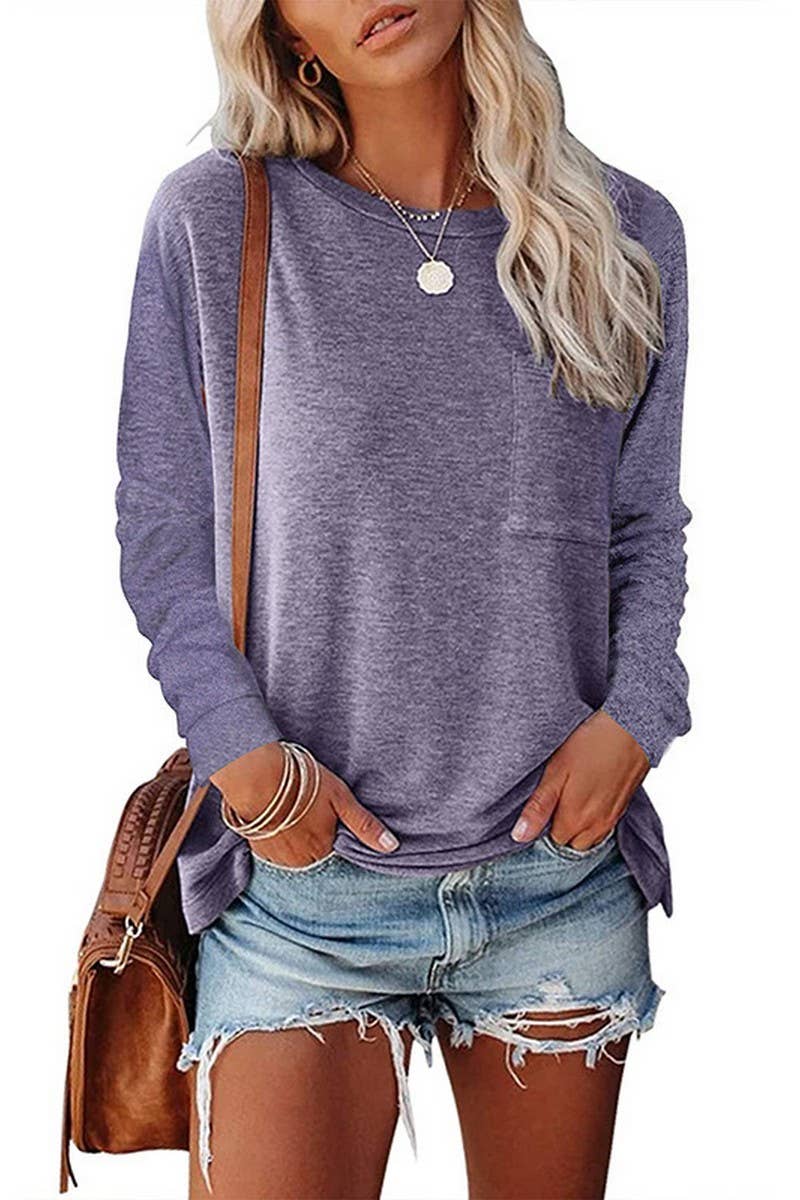 CWTBLL3692_ROUND NECK LONG SLEEVE CASUAL LOOSE BOTTOMING TOP