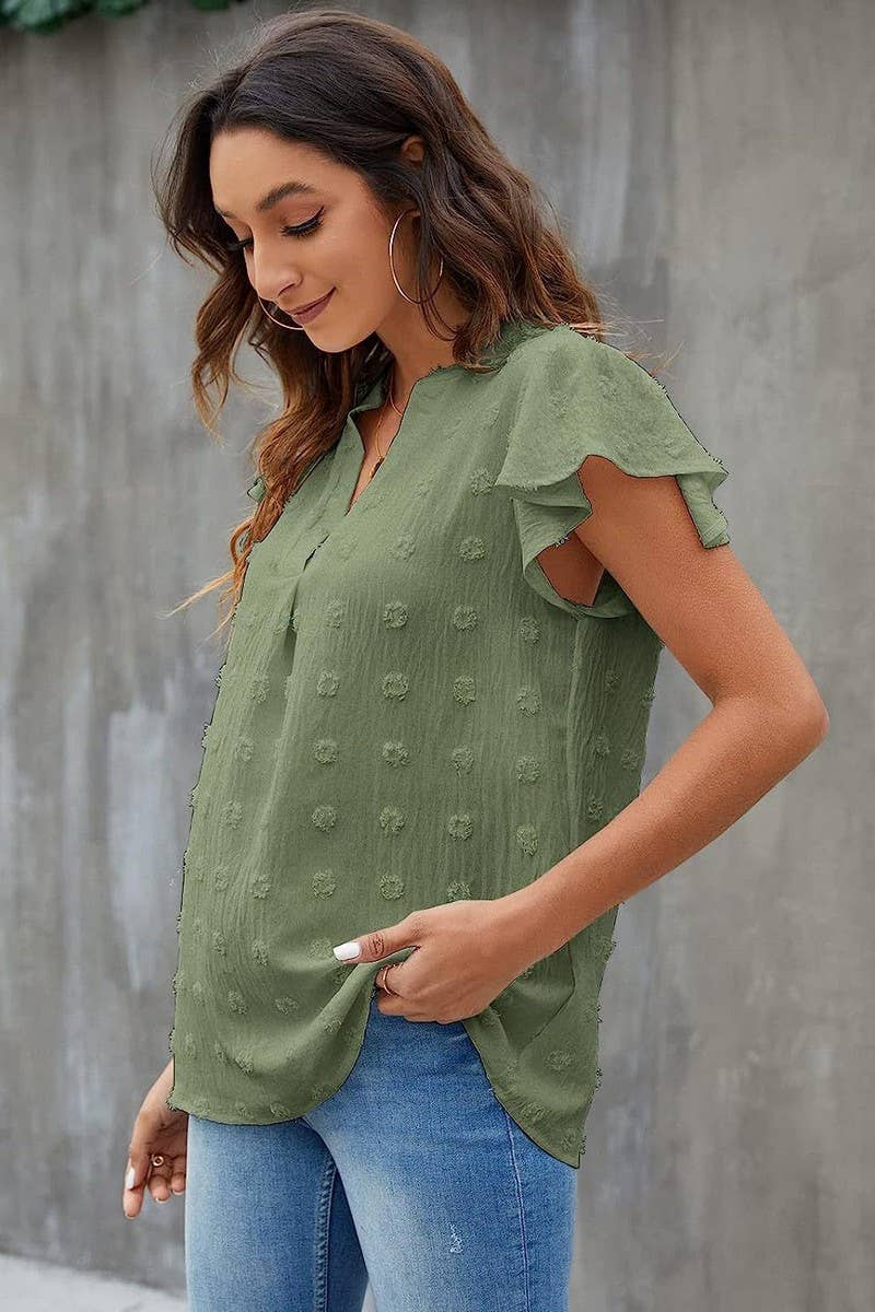 CWTBLS0606_V-NECK RUFFLED SLEEVE CHIFFON SHORT-SLEEVED TOP